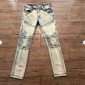 Elite Premium Distressed Moto Jeans Light Wash Slim 34x32